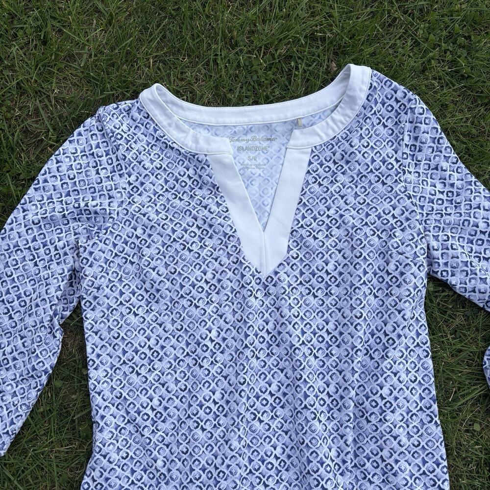 Tommy Bahama IslandZone Womens Blue White Geometric LongSleeve Tunic Top S